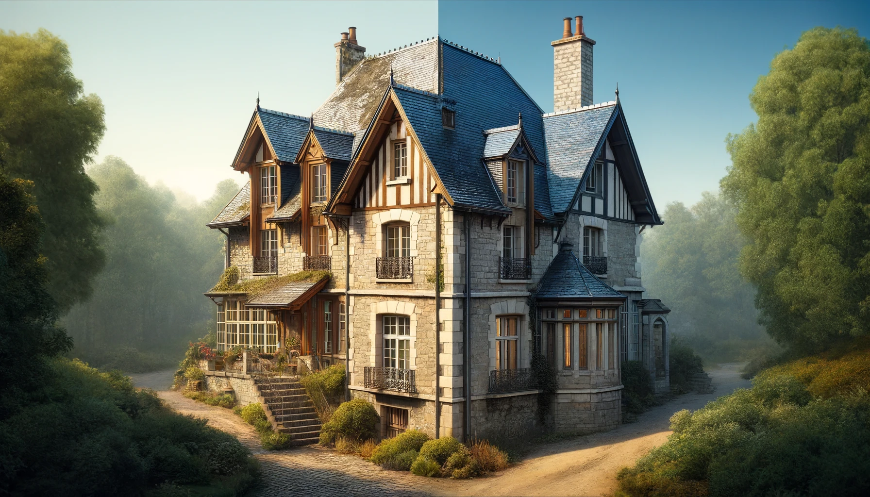 DALL·E 2024 04 07 20.12.03 Create a realistic landscape oriented image of a quintessential French style house. The scene should vividly illustrate a stark contrast between two