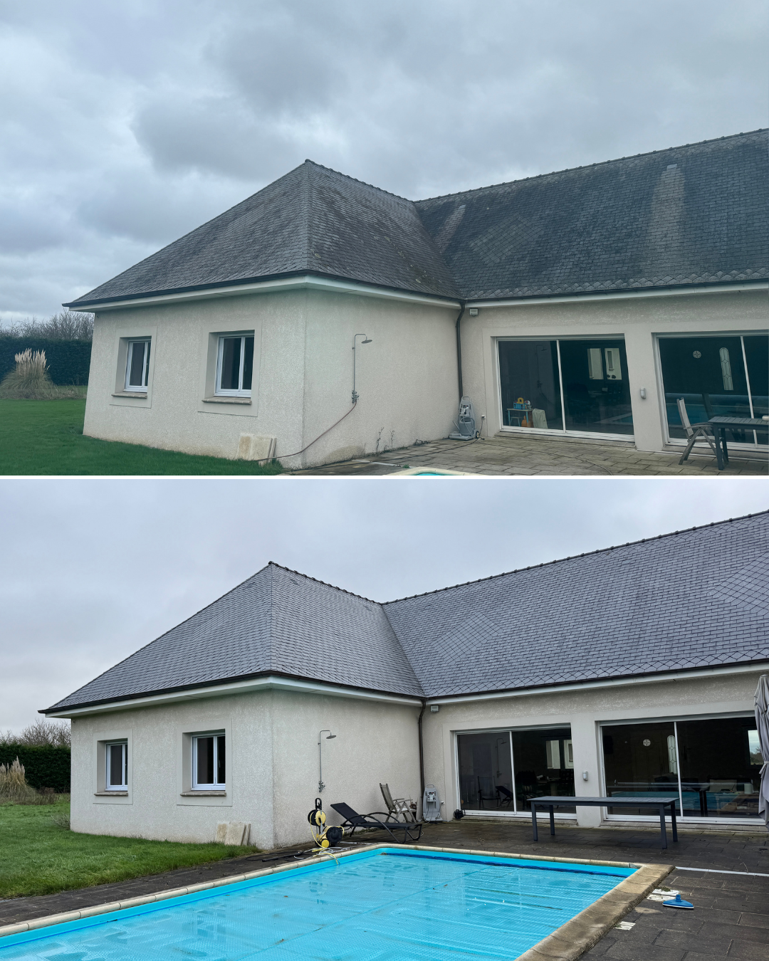 Solution Drone Service | Nettoyage de toiture par drone à Gournay-en-Bray Avant/Après nettoyage toiture ardoise par drone à Gournay-en-Bray