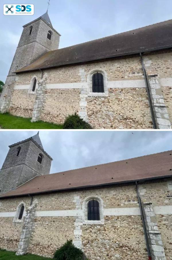 Église, toiture et pierre, avant et après traitement