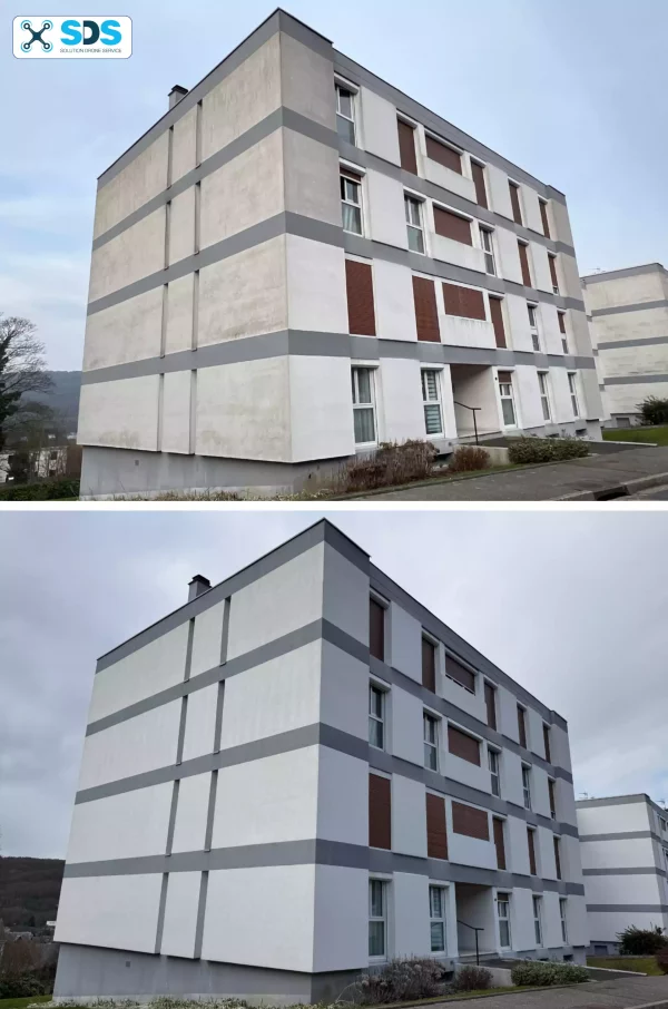 Façade d'immeuble, avant et après traitement