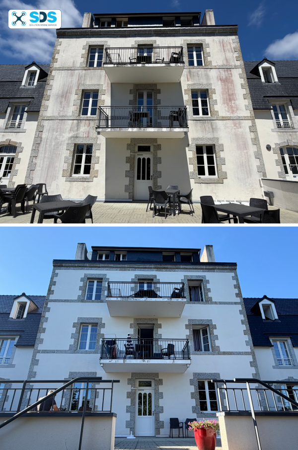 Résidence avec balcons, avant et après traitement